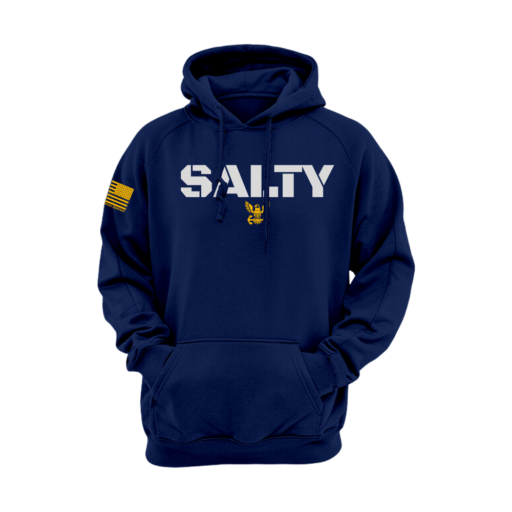 Navy blue SALTY hoodie with white stencil text, gold insignia, and American flag sleeve—veteran-inspired design.