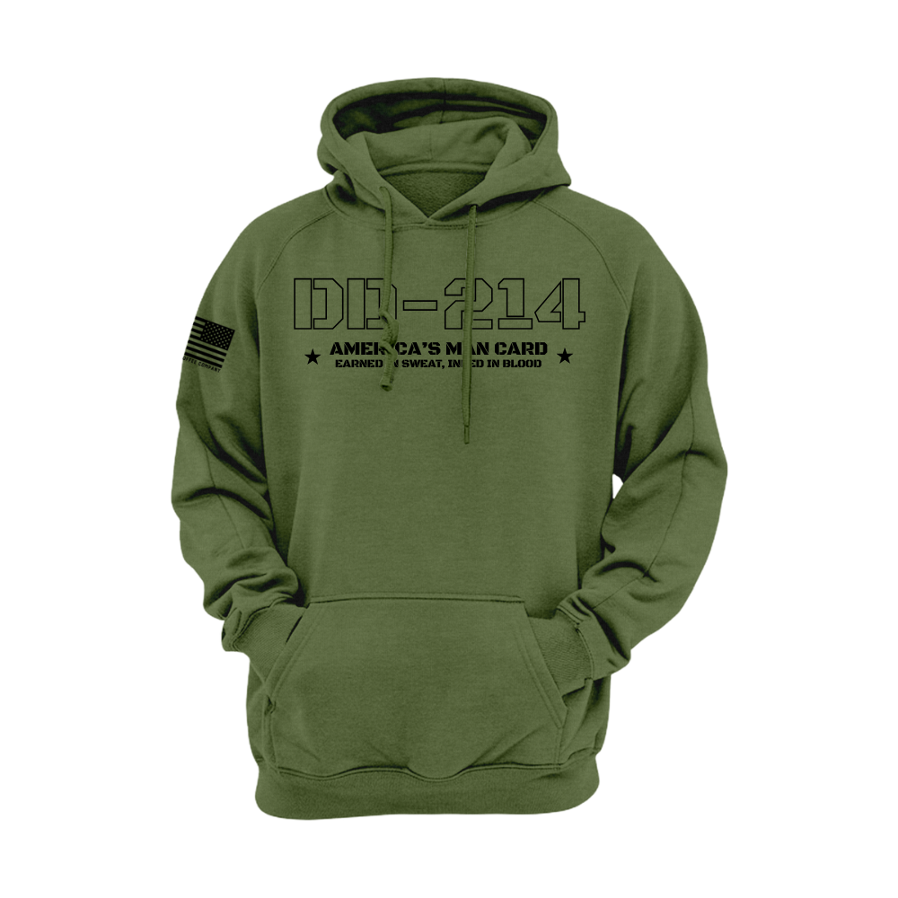 Military Green DD-214 hoodie with Black stencil text “America’s Man Card” and flag sleeve—veteran pride design.