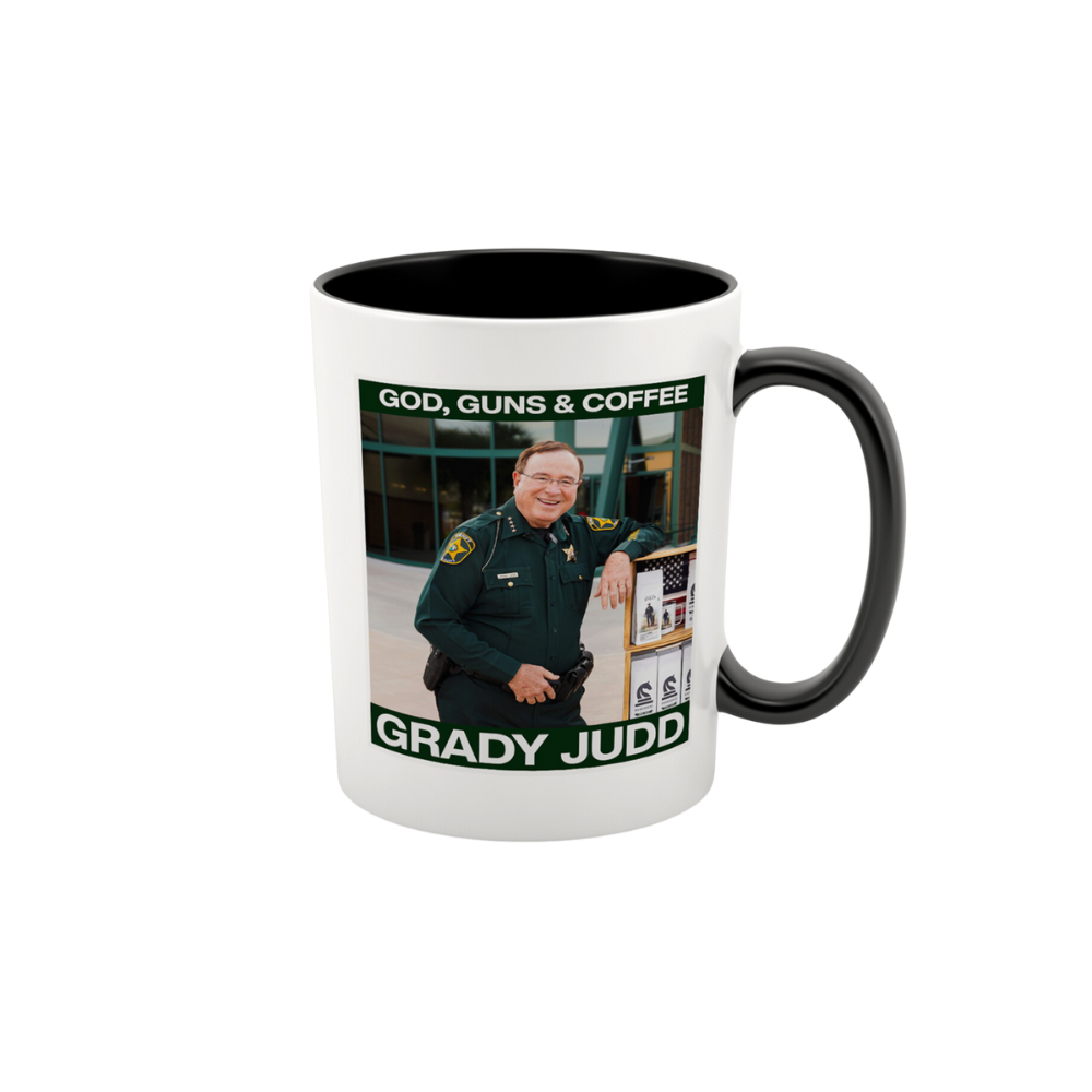 15oz ceramic mug featuring Grady Judd “God, Guns & Coffee” artwork.