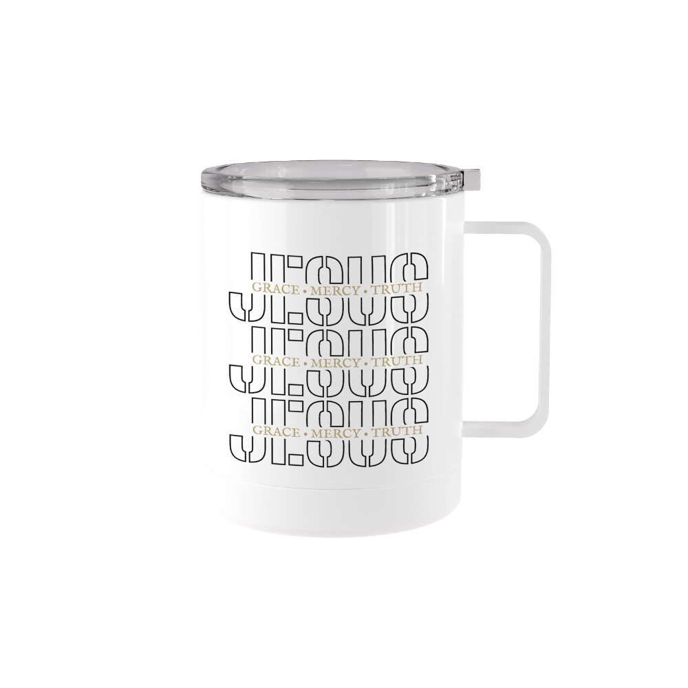 12 oz stainless steel Grace Mercy Truth mug with handle and Christian message