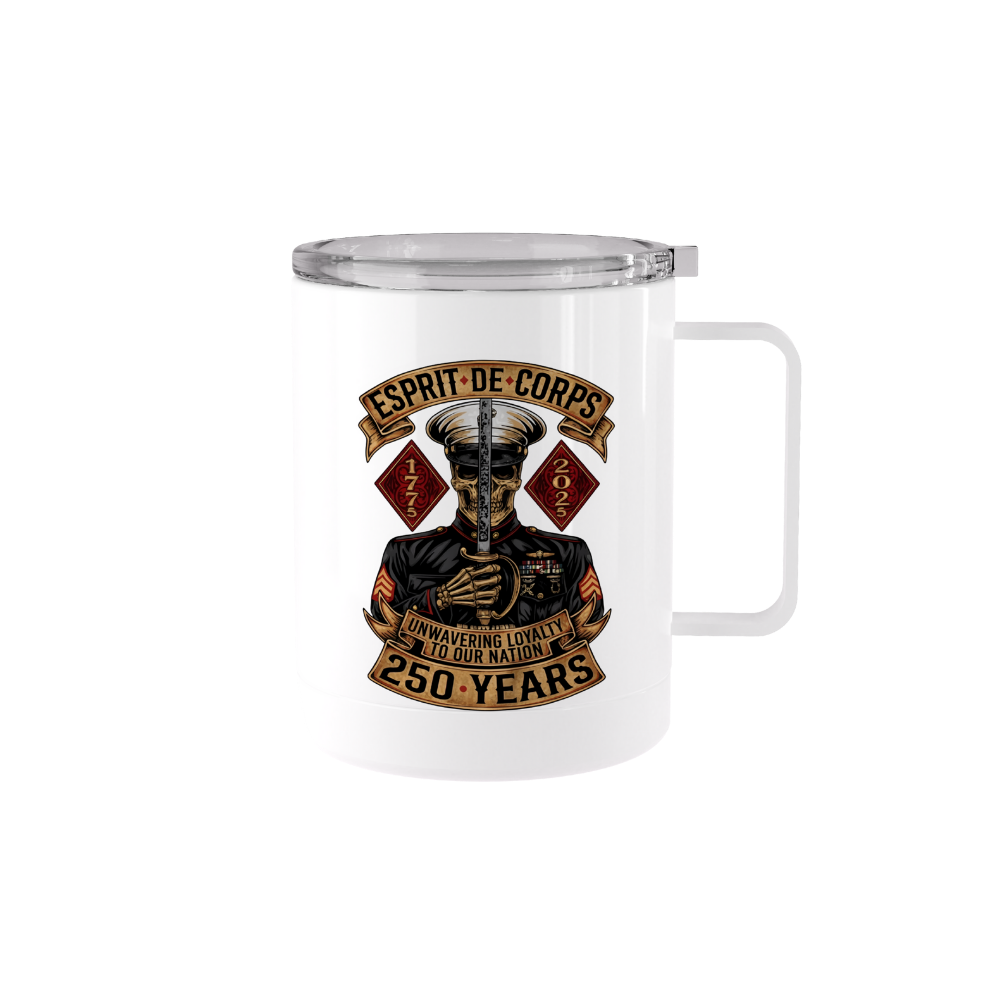 12 oz stainless steel Esprit De Corps tumbler mug with handle