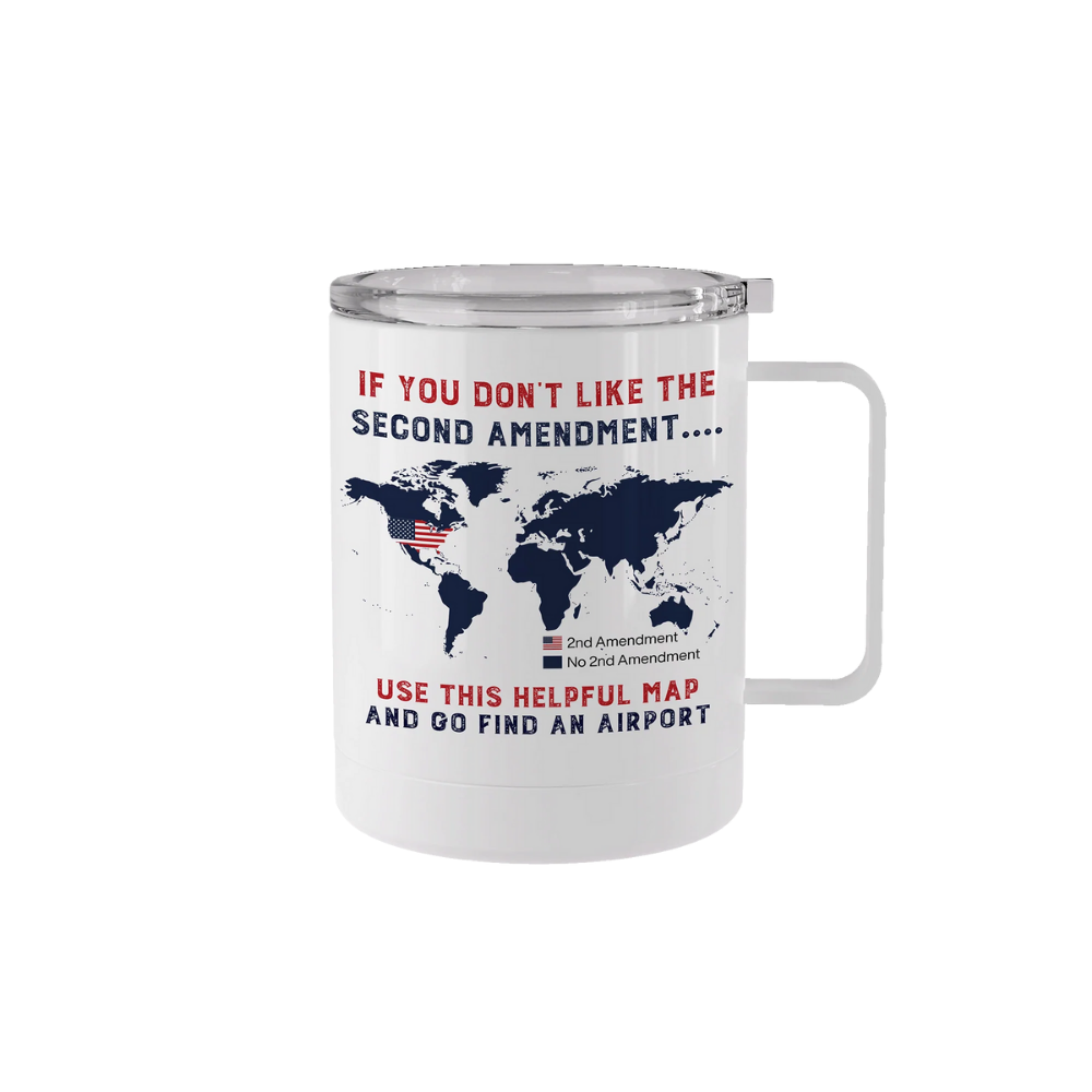 12 oz stainless steel 2A map mug with handle and Second Amendment world map graphic