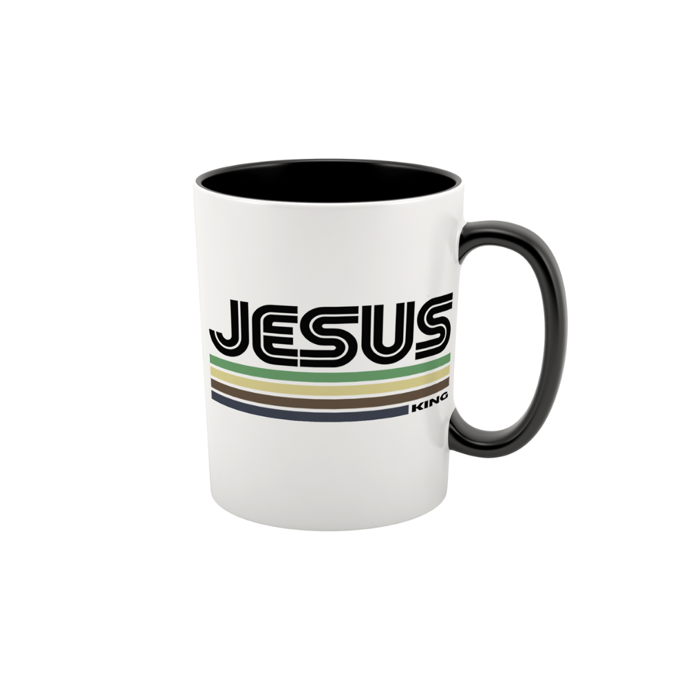 15 oz ceramic Jesus Is King mug with Christian declaration design