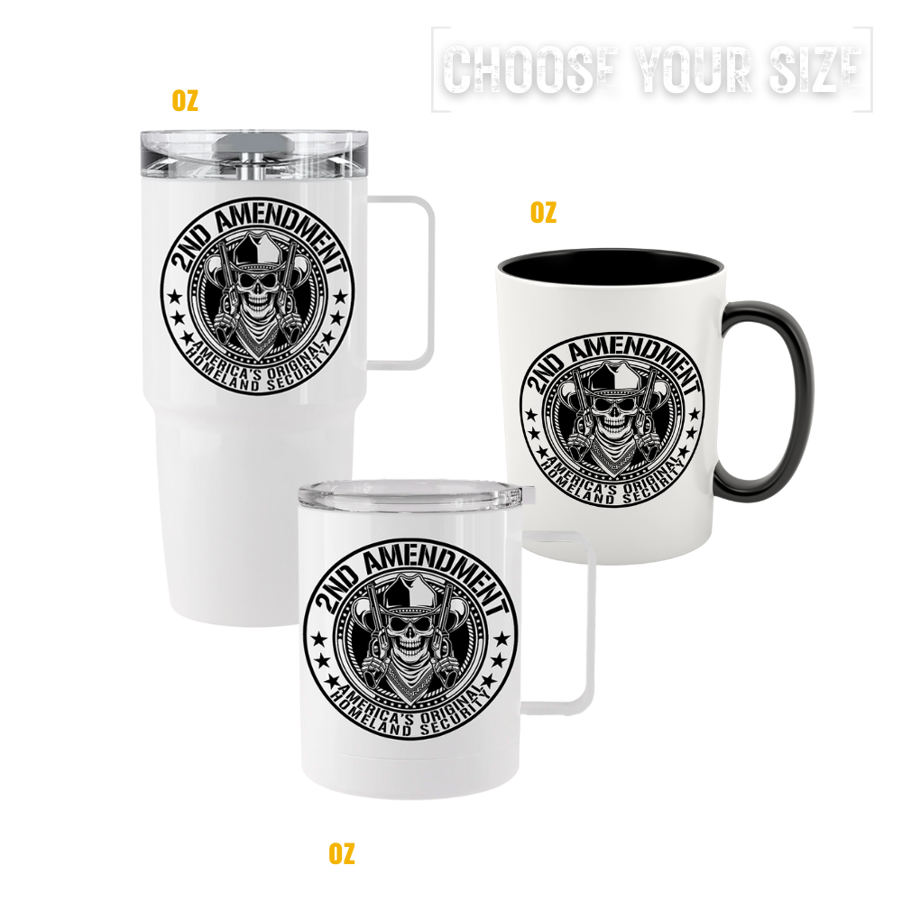 2A Homeland Security tumblers and mugs featuring Second Amendment emblem design
