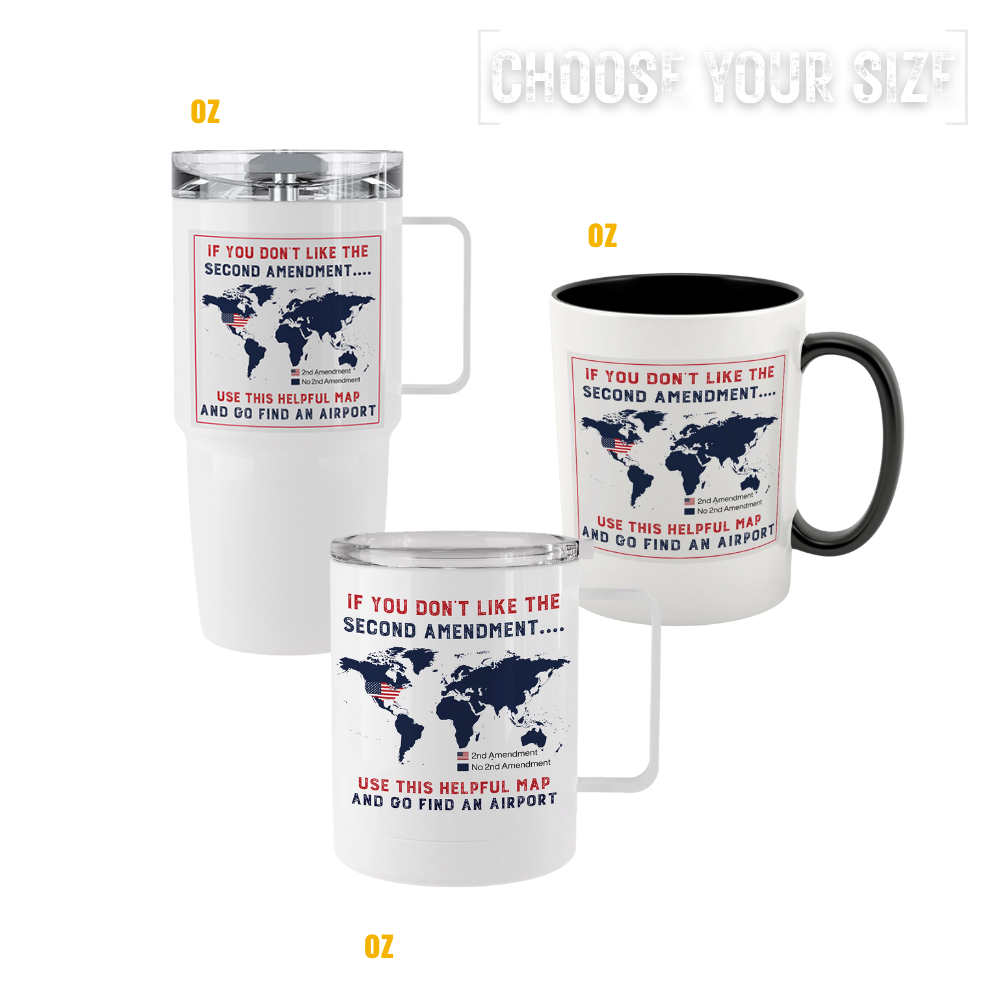 2A map tumblers and mugs featuring Second Amendment world map design