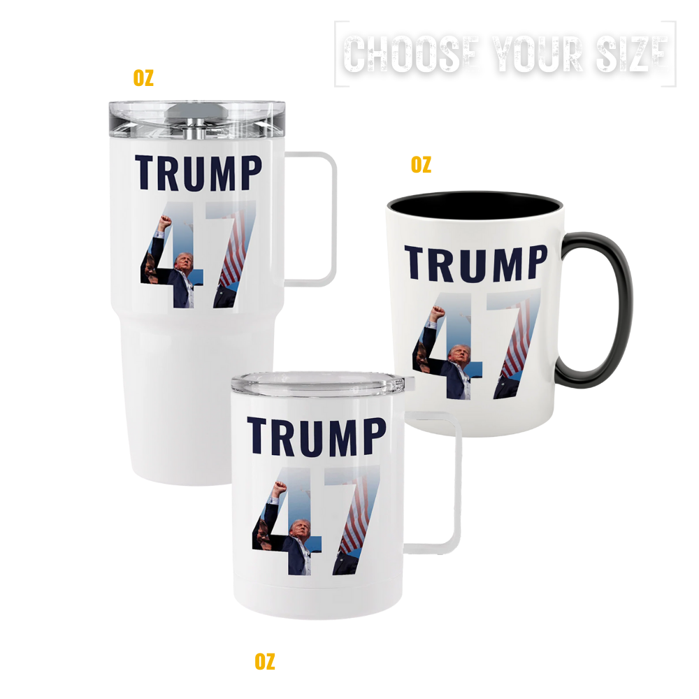 Trump 47 tumblers and mugs with patriotic number design