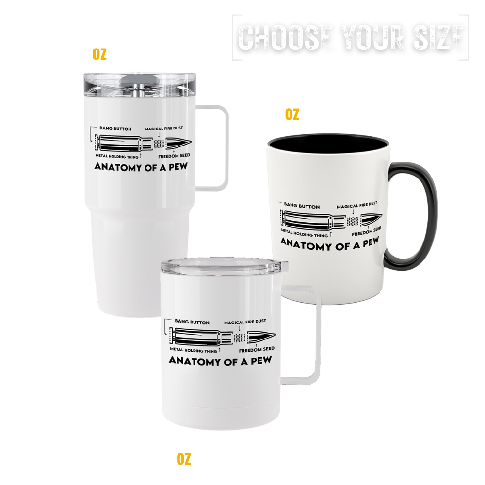 Anatomy of a Pew tumblers & mugs with diagram-style humorous design