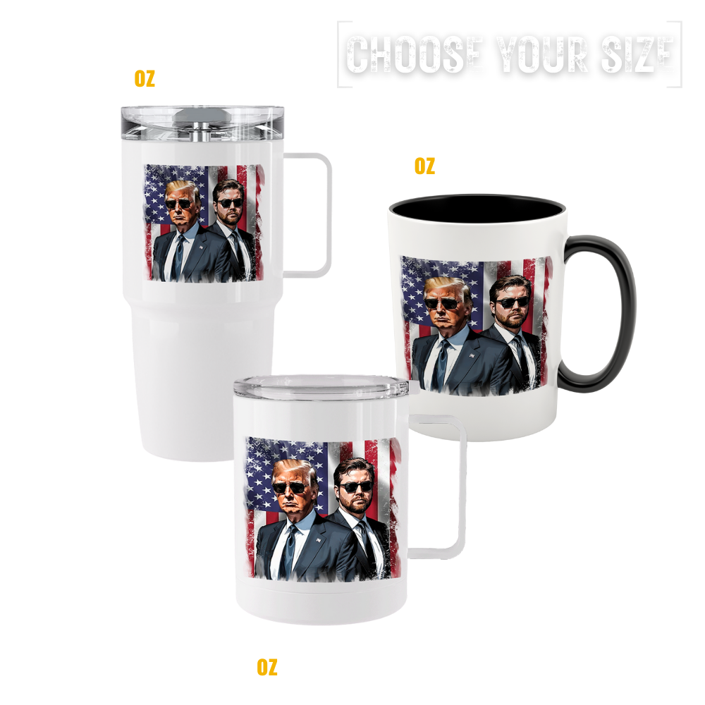 Trump Vance America tumblers and mugs with patriotic leadership artwork