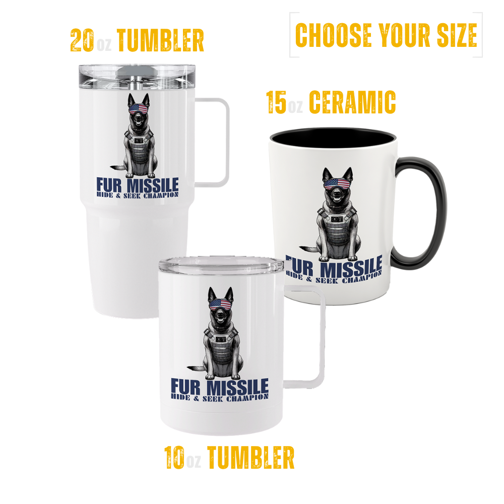 Fur Missile Hide & Seek Champion tumblers and 15oz ceramic mug product display.