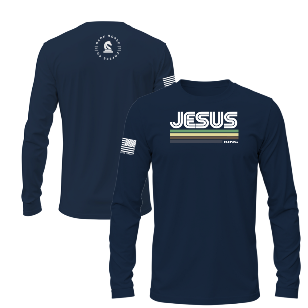 Navy long sleeve shirt with “Jesus King” retro stripe design and American flag sleeve by Dark Horse Coffee Co.