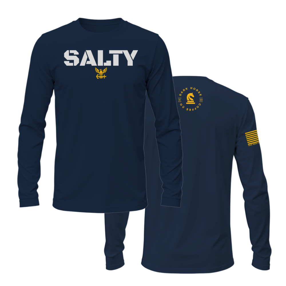 Front and back of navy blue SALTY long sleeve shirt with white text, gold insignia, and American flag sleeve—veteran-inspired.