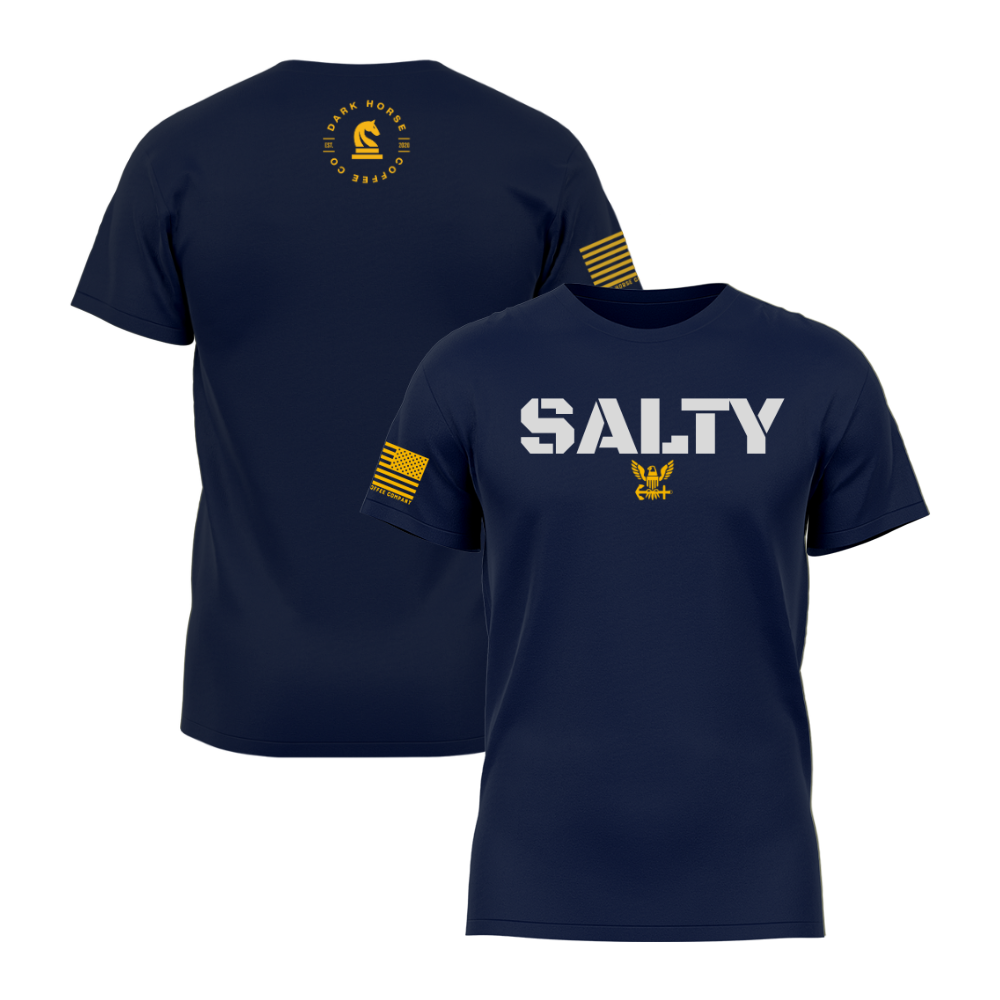 Front and back view of navy blue SALTY t-shirt with white text, gold insignia, and American flag sleeve—veteran design.