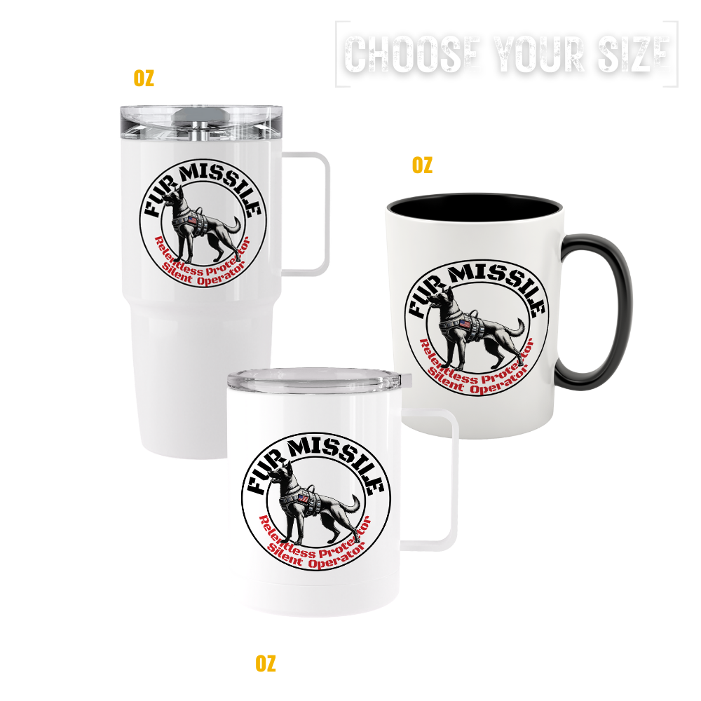 Fur Missile V3 tumblers & mugs featuring K9 emblem symbolizing loyalty and protection