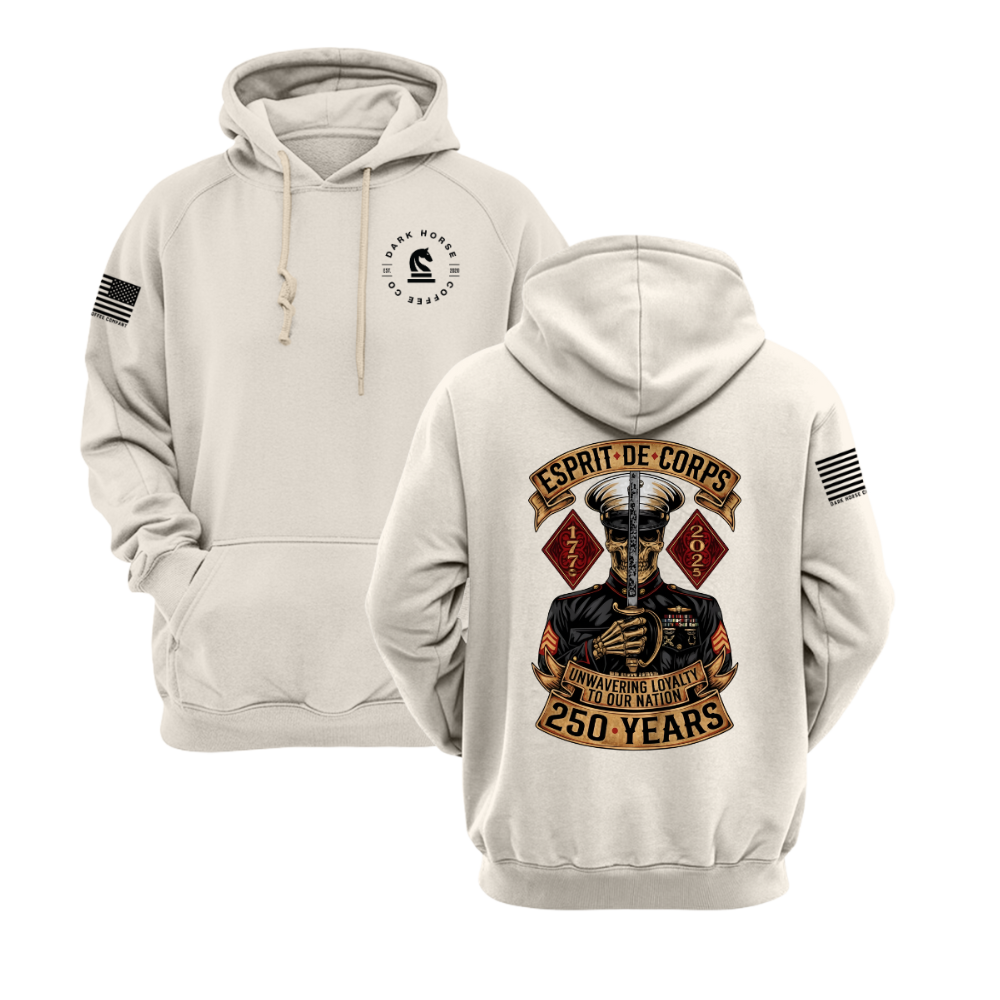 Sandstone Esprit De Corps hoodie with Marine skull design, sword, and text “250 Years — Unwavering Loyalty to Our Nation.”
