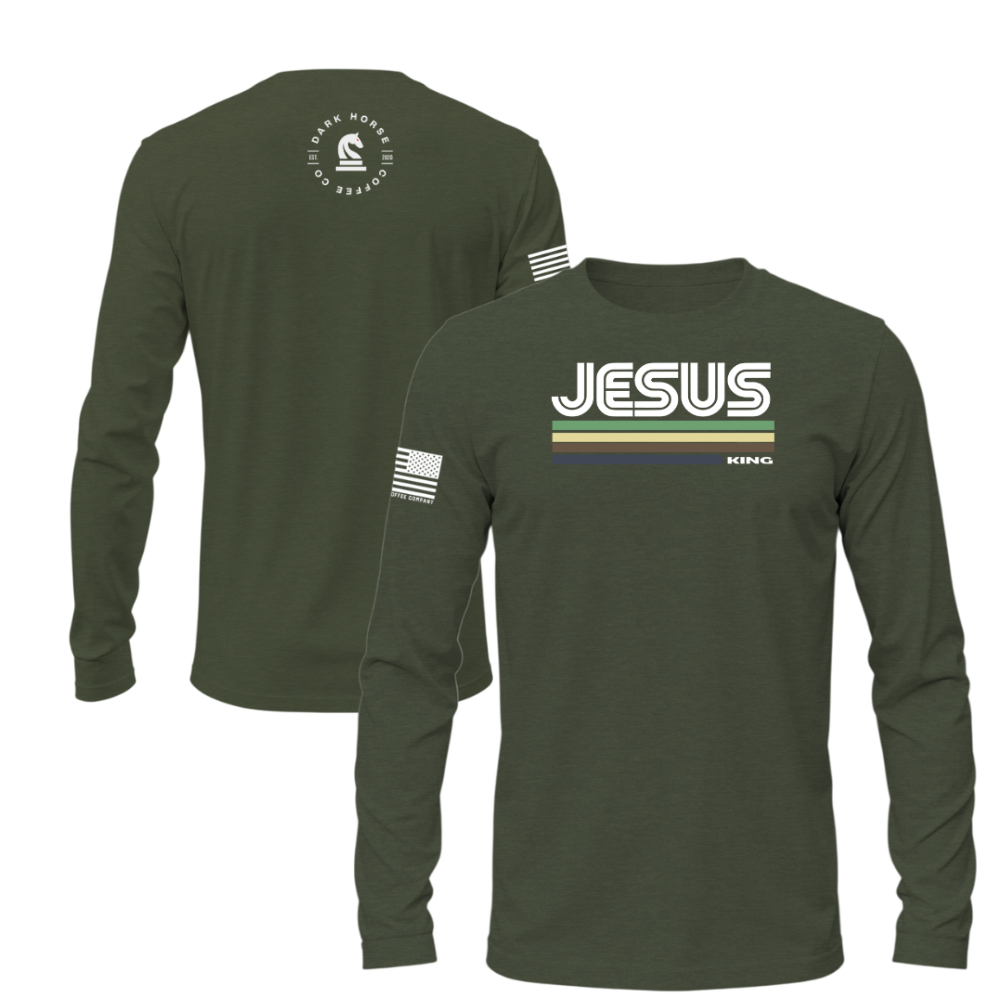 Military green long sleeve shirt with “Jesus King” retro stripe design and American flag sleeve by Dark Horse Coffee Co.