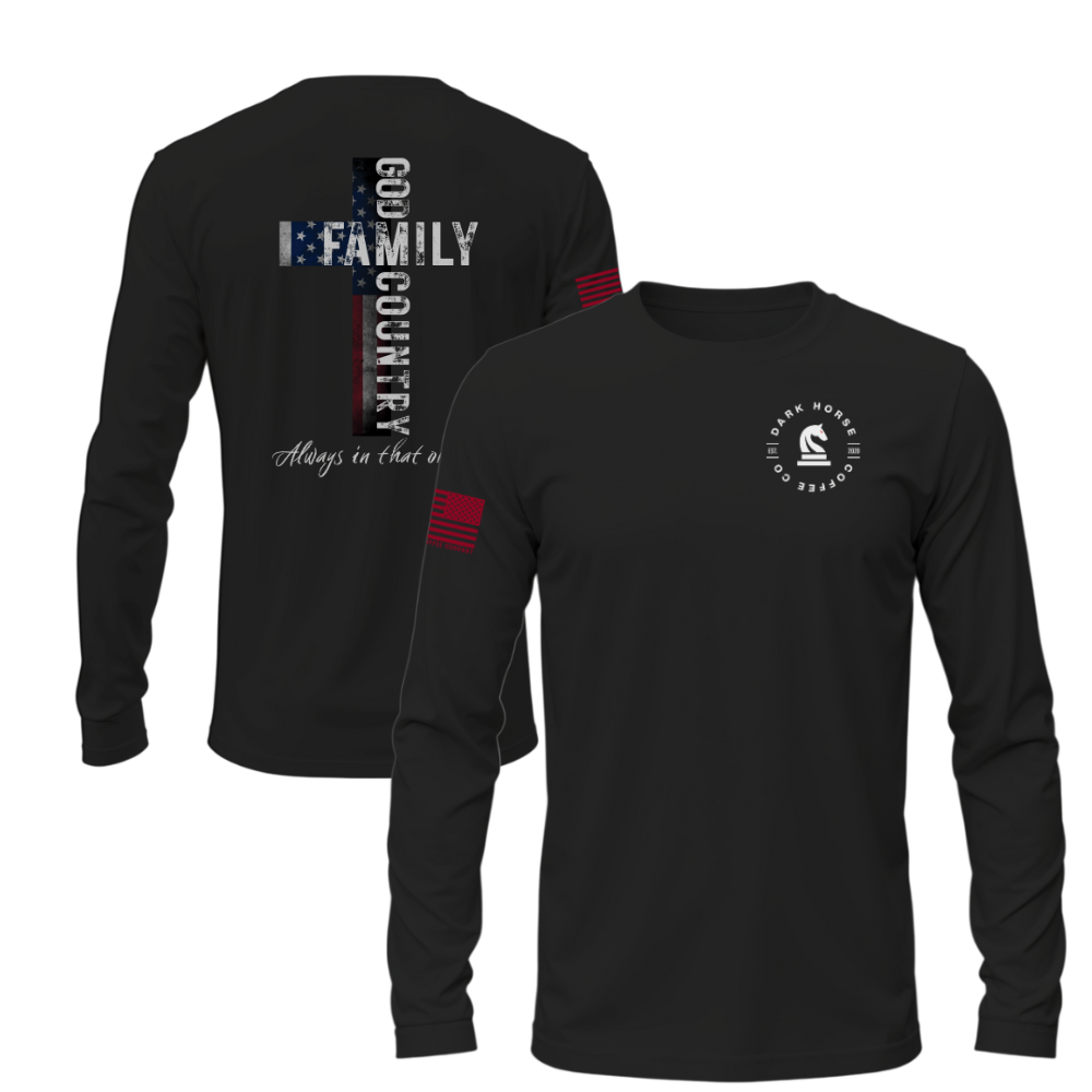 Black long sleeve shirt with God-Family-Country patriotic cross design and Dark Horse Coffee Co. logo on front.