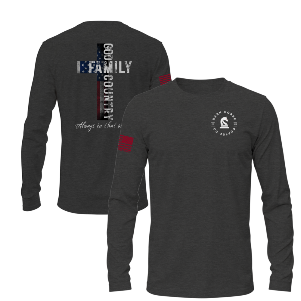 Charcoal long sleeve shirt featuring God-Family-Country American flag cross graphic with Dark Horse Coffee Co. chest logo
