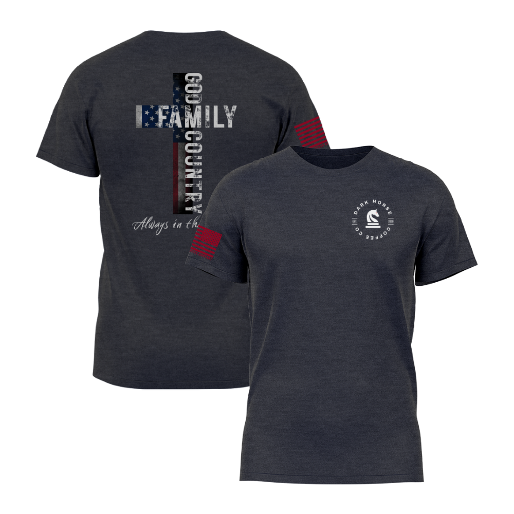 “Charcoal heather God Family Country t-shirt featuring distressed American-flag cross graphic on the back and Dark Horse Coffee Company chest logo.”