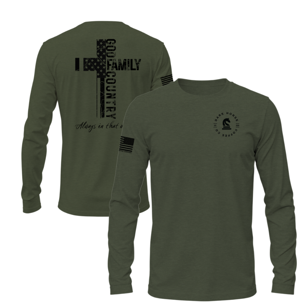 Military green long sleeve with distressed God-Family-Country cross design and Dark Horse Coffee Co. branding.