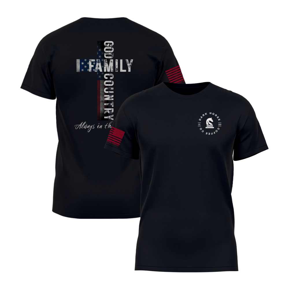 “Black God Family Country t-shirt with patriotic distressed American-flag cross design on the back and Dark Horse Coffee Company chest logo.”