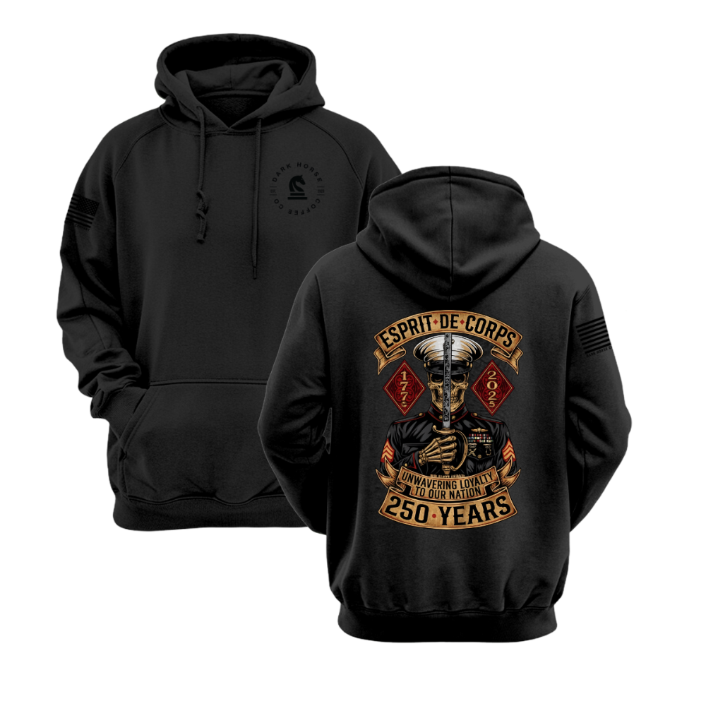 Black Esprit De Corps hoodie with Marine skull holding sword and banner reading “250 Years — Unwavering Loyalty to Our Nation.”