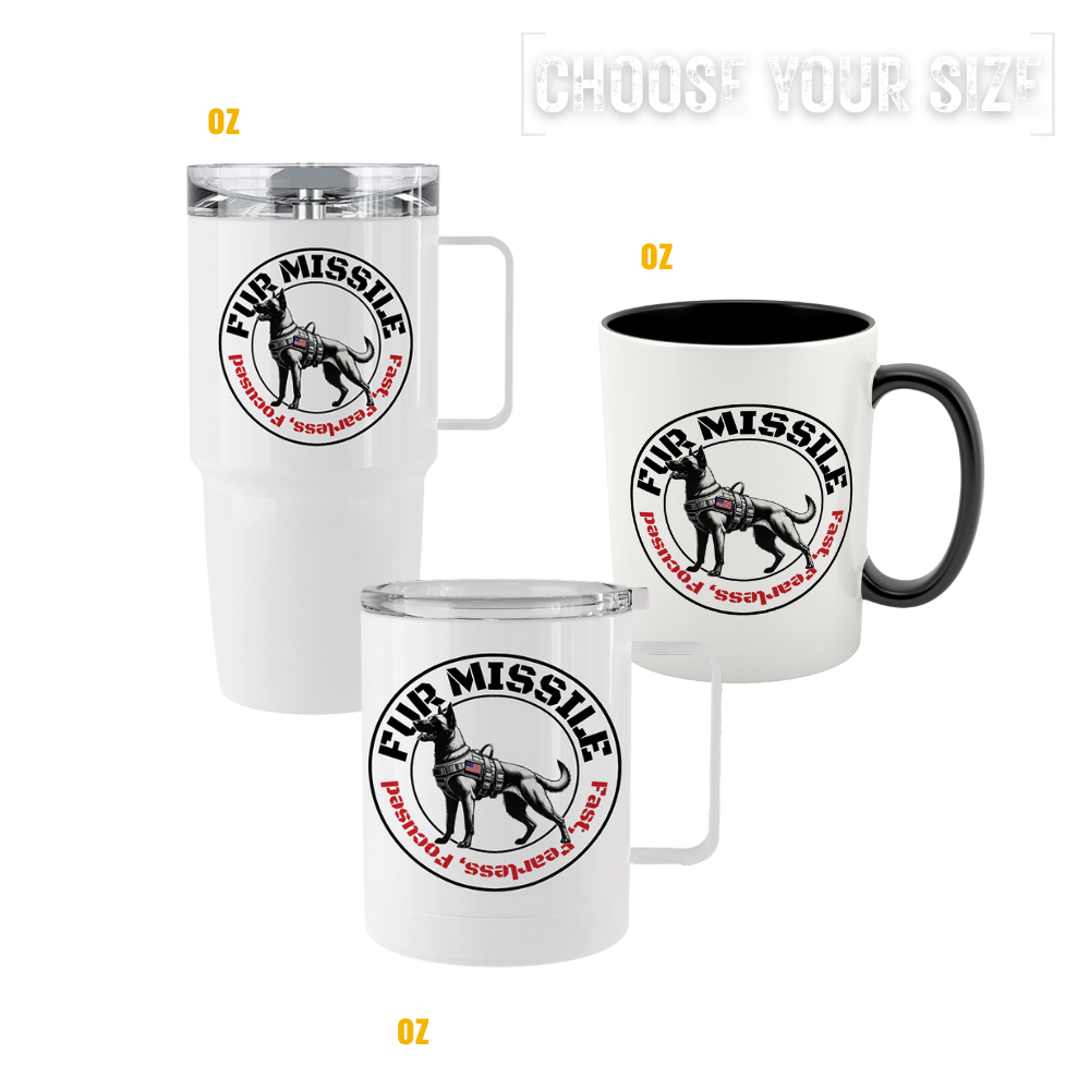 Fur Missile V2 tumblers & mugs featuring K9-inspired emblem design