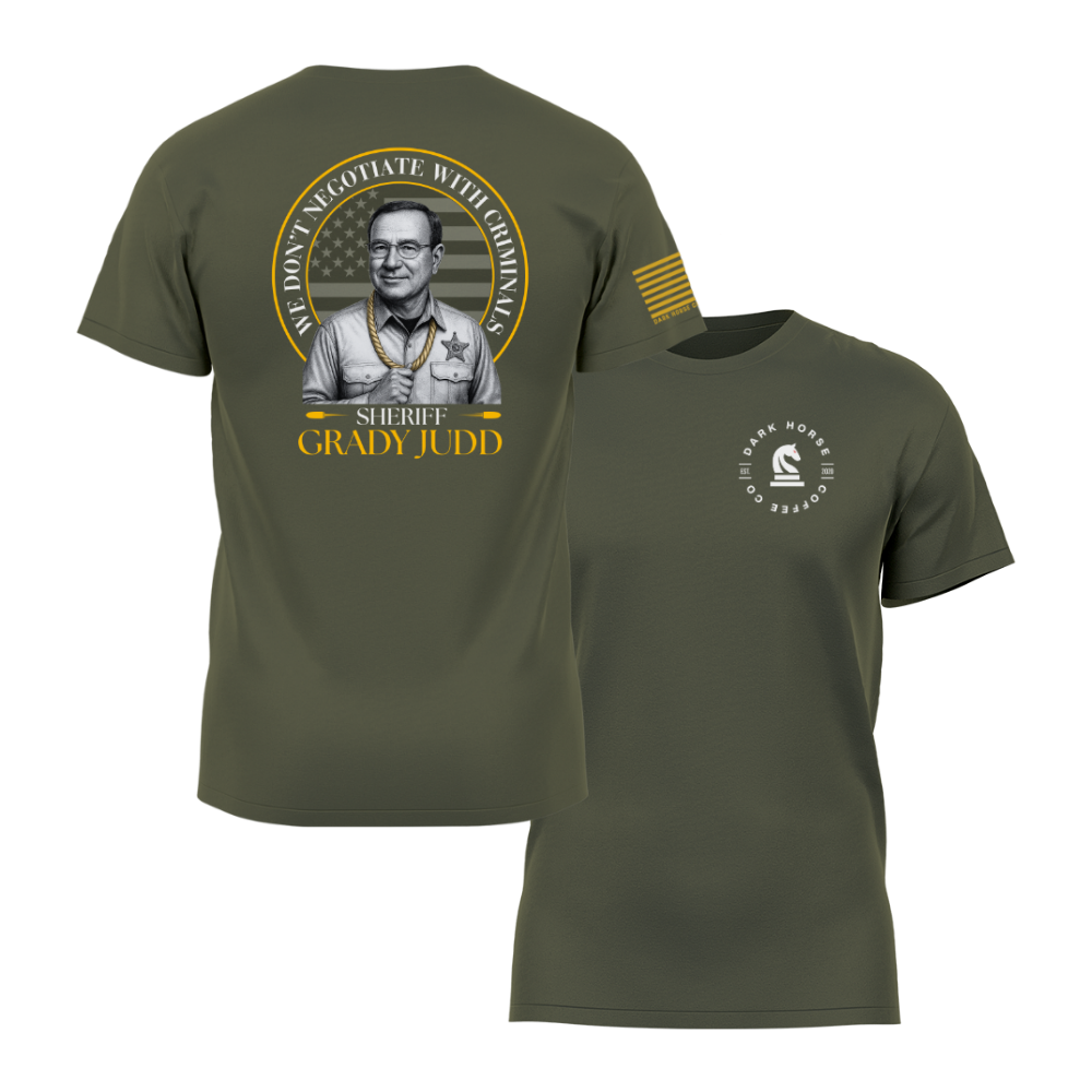 Military green graphic t-shirt with patriotic law-and-order quote and illustrated portrait on the back, and Dark Horse Coffee Company logo on the front.