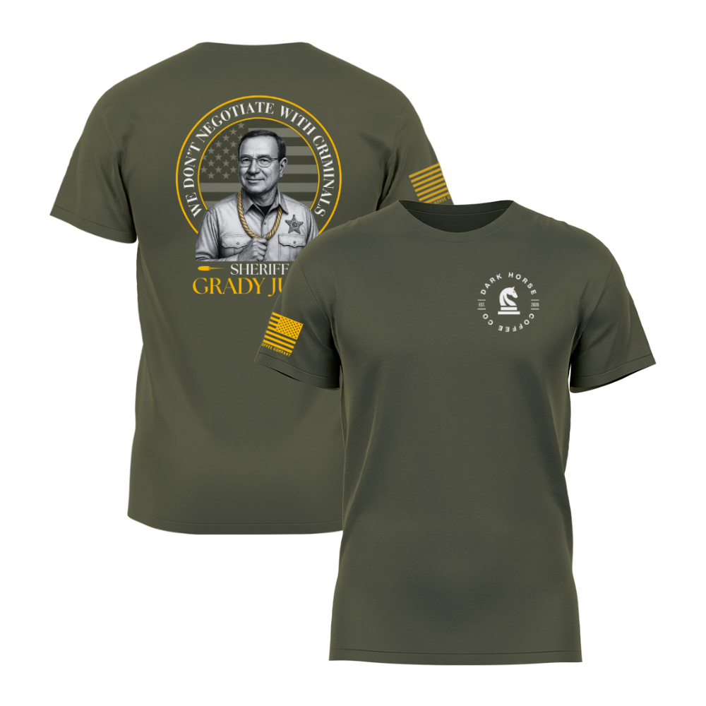 Military green graphic t-shirt with patriotic law-and-order quote and illustrated portrait on the back, and Dark Horse Coffee Company logo on the front.