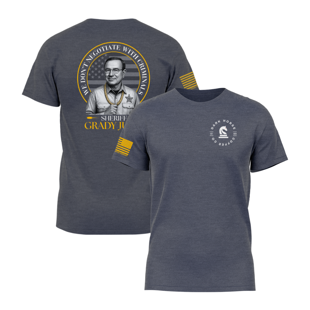 Charcoal heather graphic t-shirt featuring bold law-and-order quote and illustrated portrait on the back, with Dark Horse Coffee Company logo on the front.