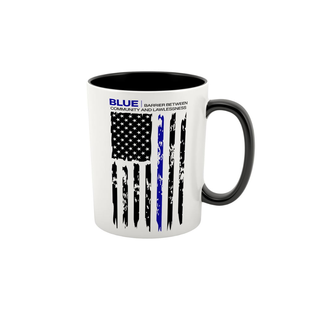 15 oz ceramic Blue Line Distressed Flag mug supporting law enforcement
