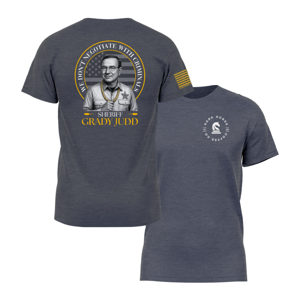 Charcoal heather graphic t-shirt featuring bold law-and-order quote and illustrated portrait on the back, with Dark Horse Coffee Company logo on the front.