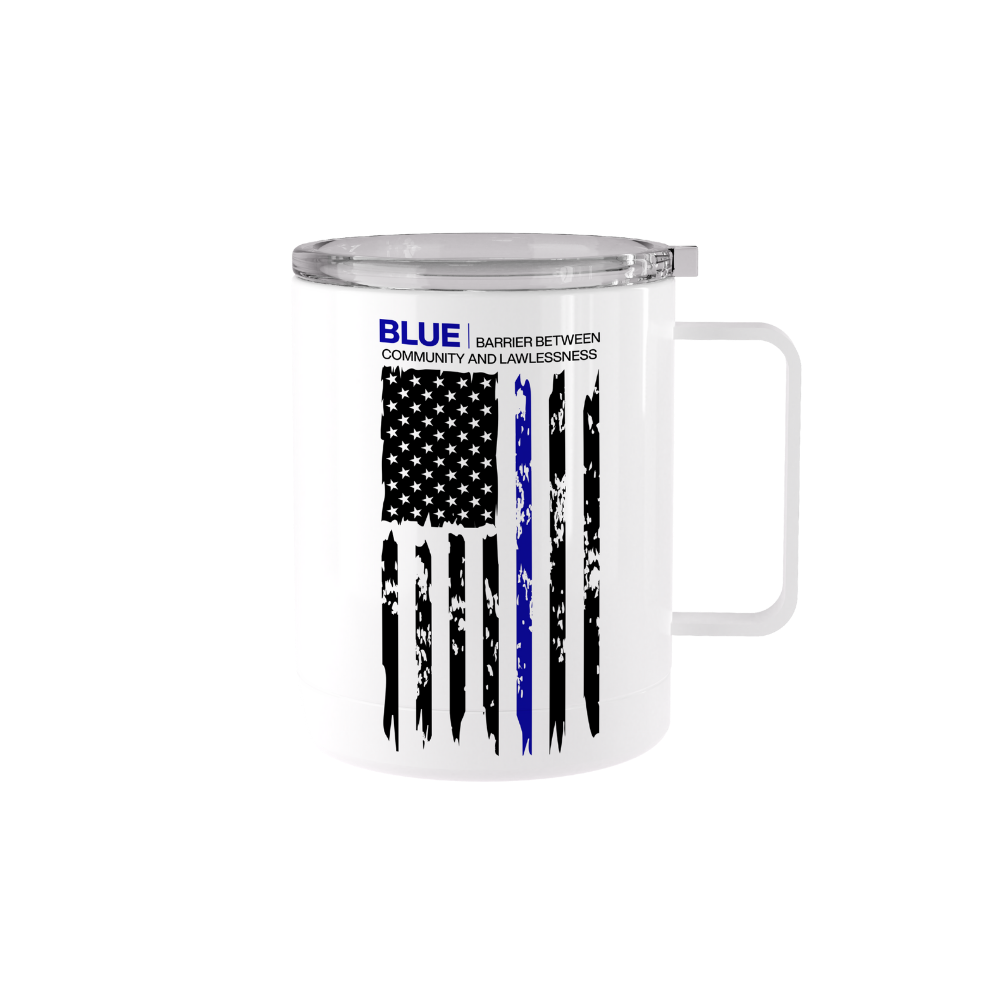 12 oz stainless steel Blue Line Distressed Flag mug with handle