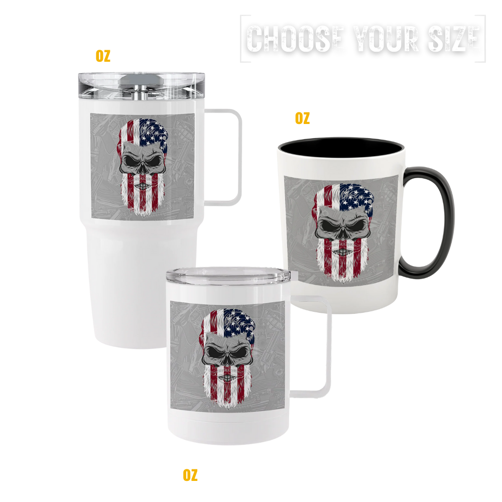 Bearded Patriot tumblers and mugs with American skull design