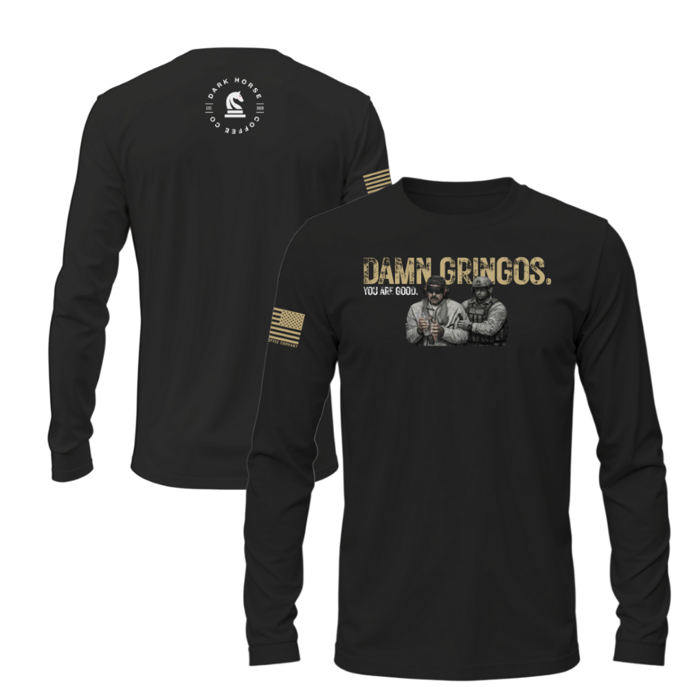 Damn Gringos black long sleeve shirt front and back view