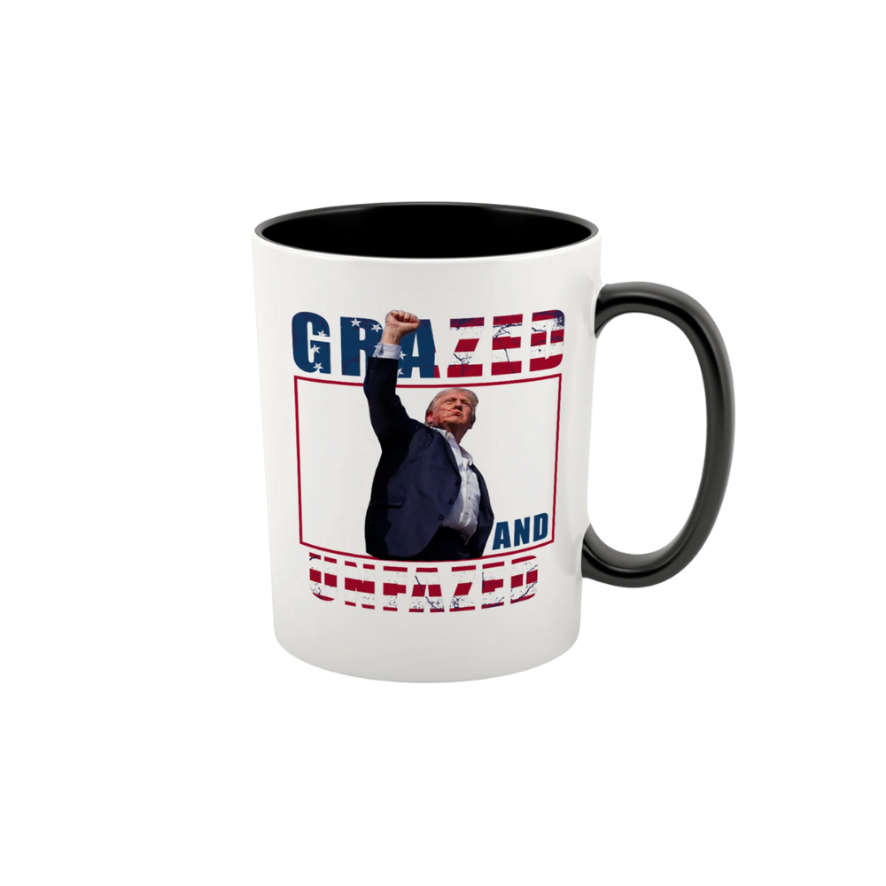 15 oz ceramic Trump Grazed & Unfazed mug with bold political artwork