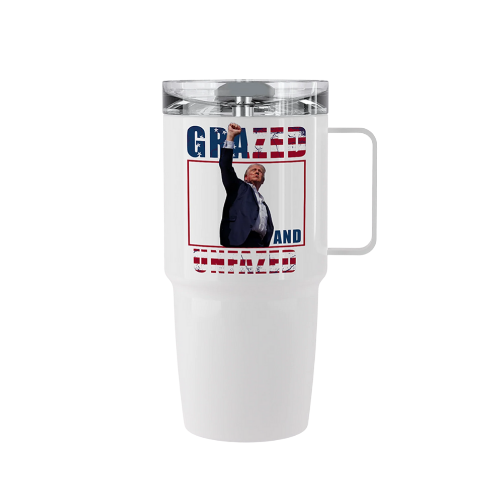 20 oz stainless steel Trump Grazed & Unfazed tumbler with poster design