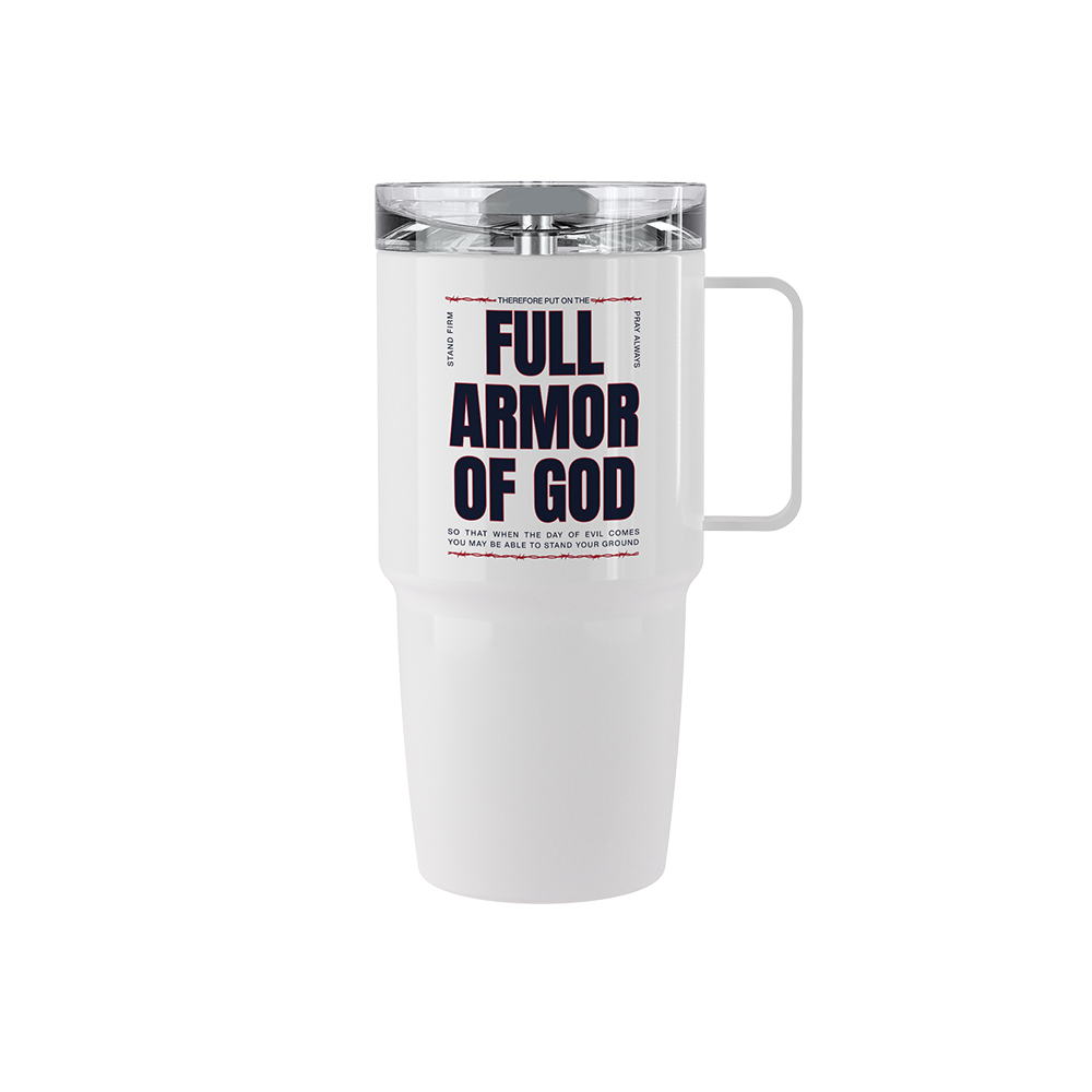 20 oz stainless steel Full Armor of God tumbler with Ephesians 6 scripture design