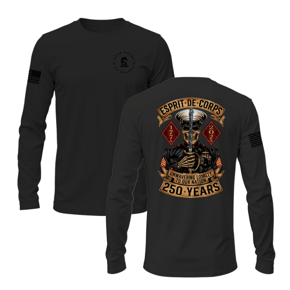 Black Esprit De Corps long sleeve shirt with Marine skull design, sword, and banner reading “250 Years — Unwavering Loyalty to Our Nation.”