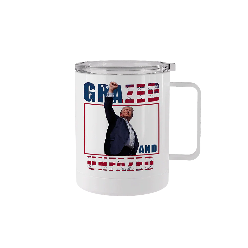 12 oz stainless steel Trump Grazed & Unfazed mug with handle