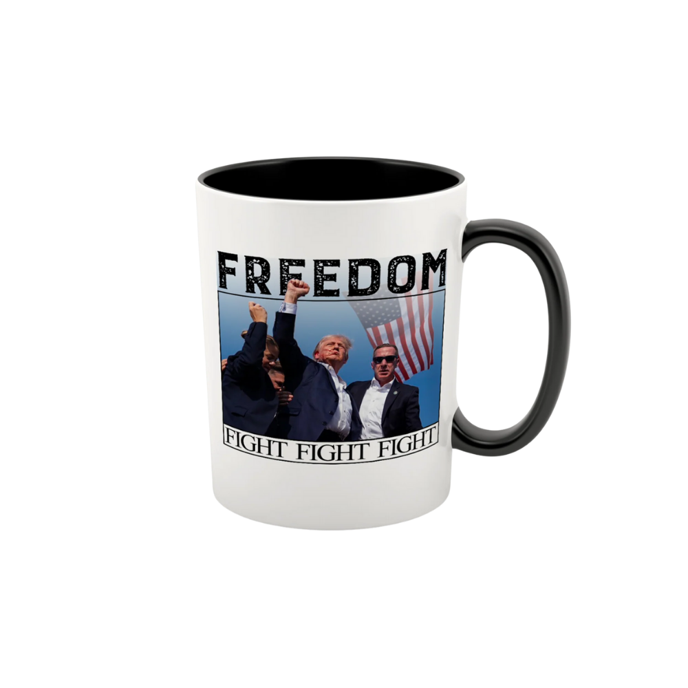 15 oz ceramic Trump Fight mug with bold political artwork