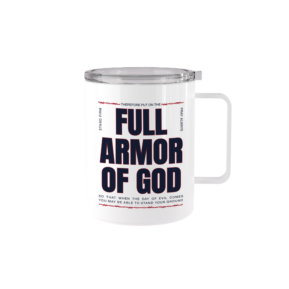 12 oz stainless steel Full Armor of God coffee mug with handle and scripture quote