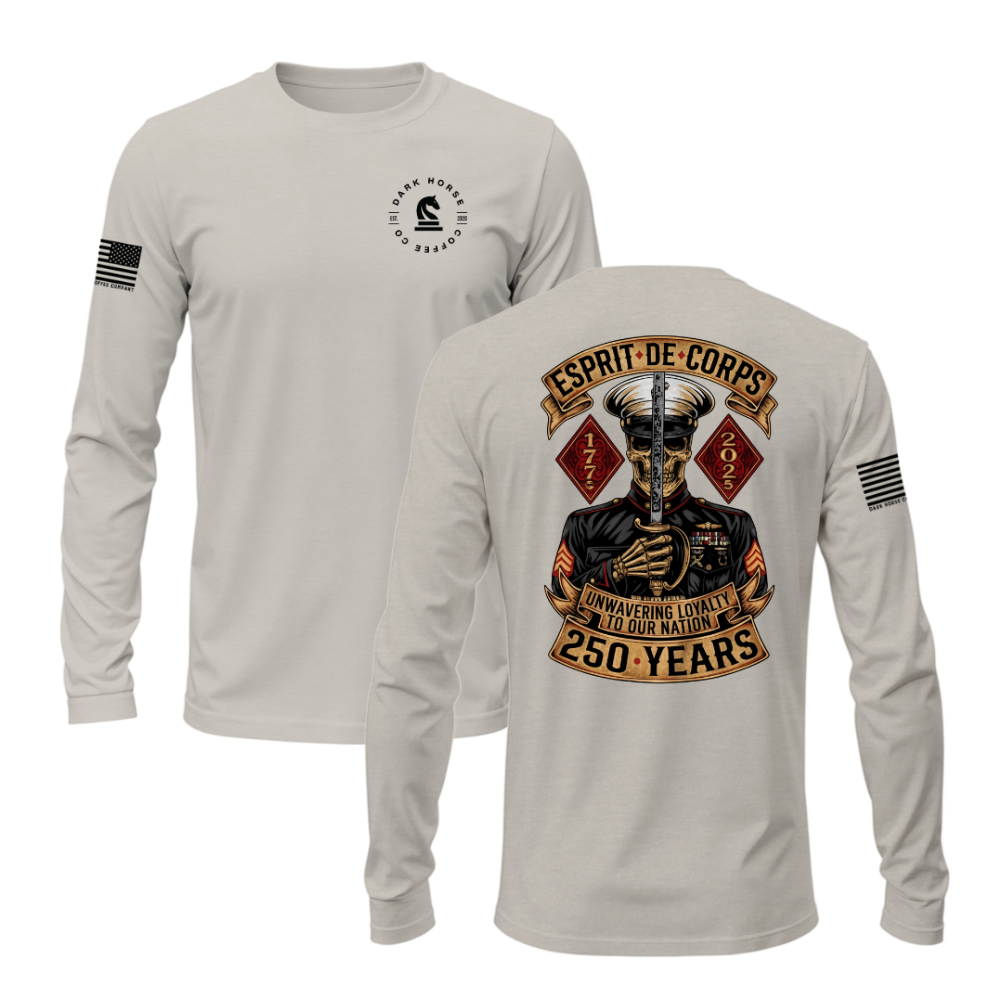 Sandstone Esprit De Corps long sleeve shirt with Marine skull artwork and “250 Years — Unwavering Loyalty to Our Nation” banner.