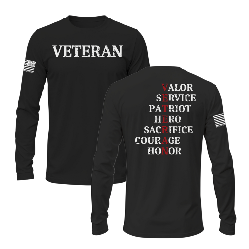 Front and back view of Veteran long sleeve shirt featuring “VETERAN” text and acronym design listing valor, service, courage, and honor. Black Shirt Color.