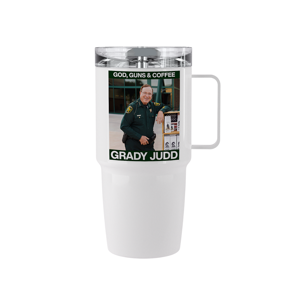 20oz tumbler with Sheriff Grady Judd “God, Guns & Coffee” design.