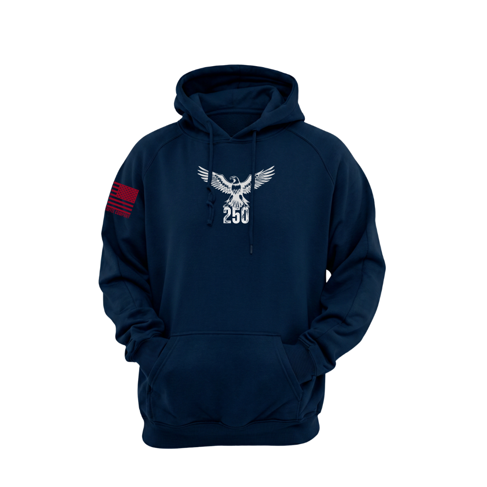 America 250 Midnight Navy pullover hoodie featuring the America 250 design — designed and printed in Florida by an American-owned small business.