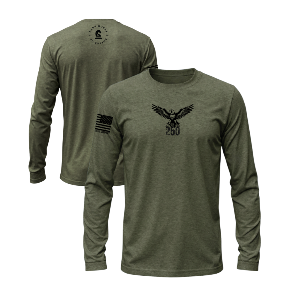 America 250 Military Green long sleeve t-shirt featuring the America 250 design — designed and printed in Florida by an American-owned small business.