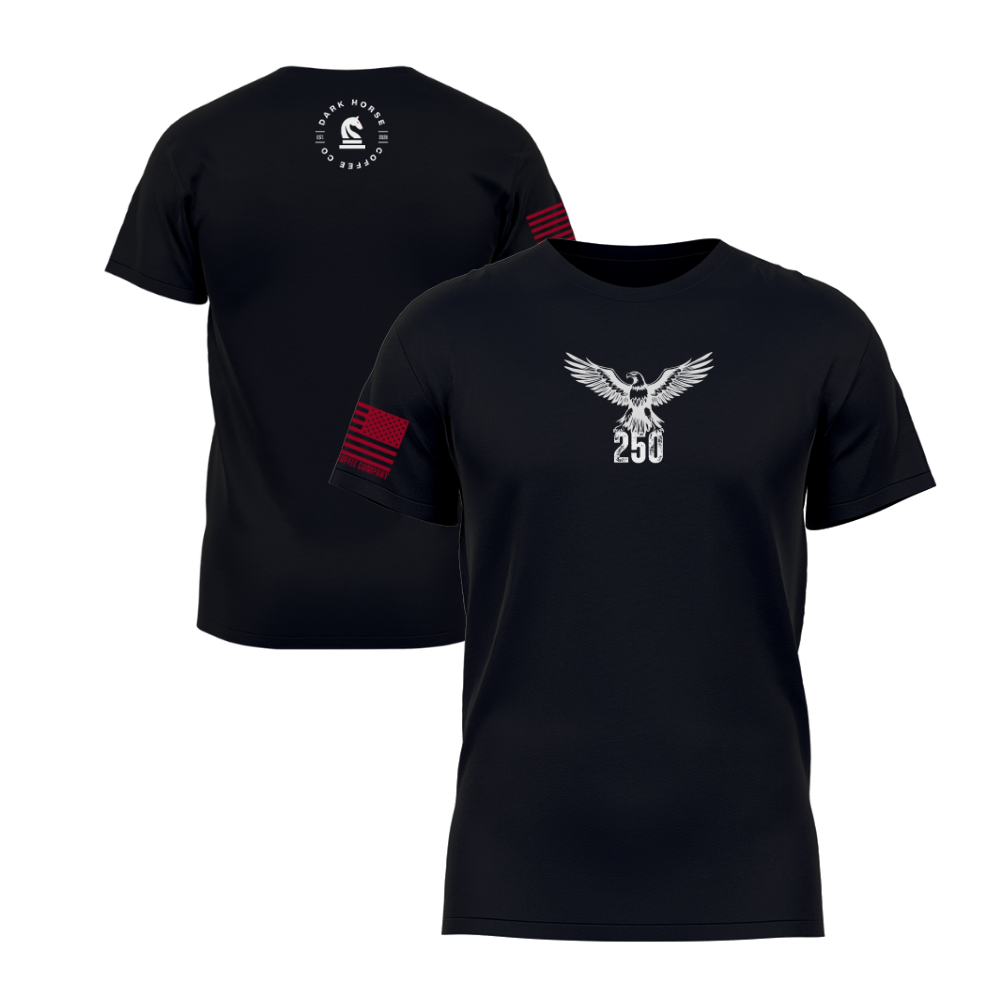 America 250 Black short sleeve t-shirt featuring the America 250 design — designed and printed in Florida by an American-owned small business.