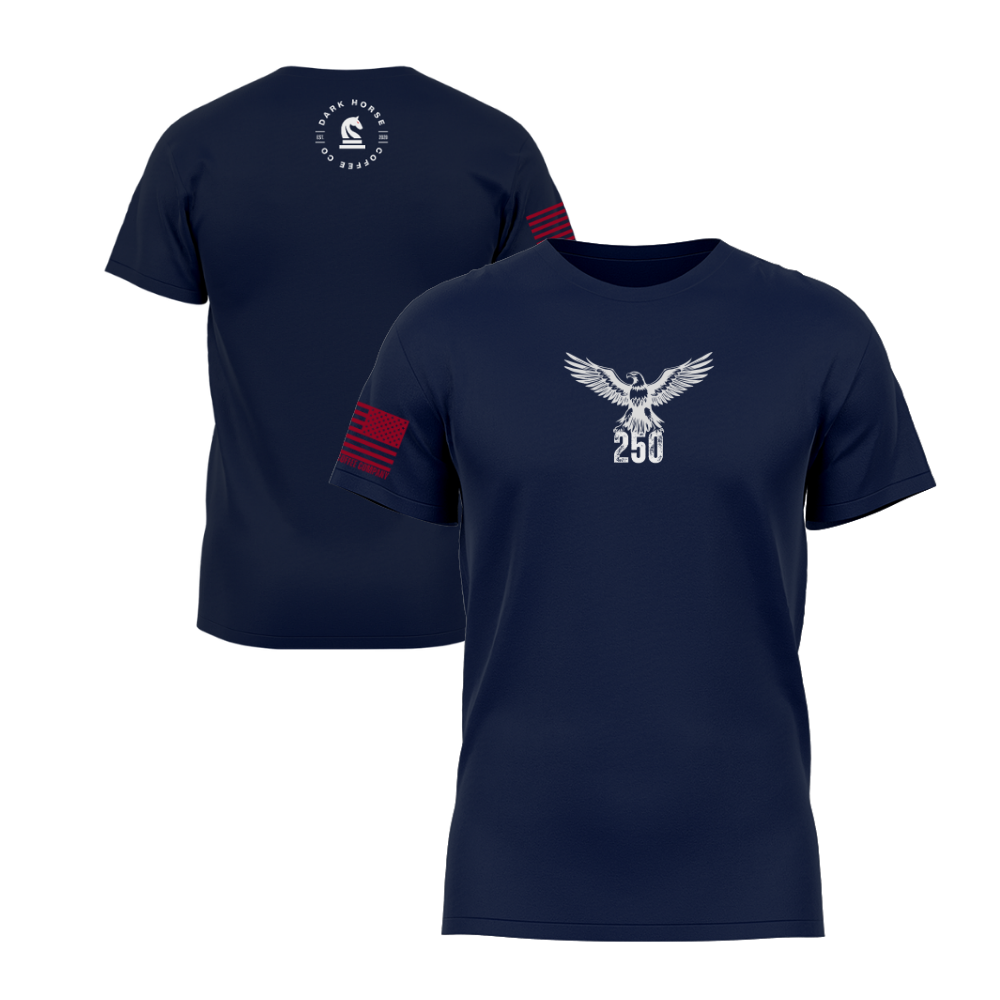 America 250 Midnight Navy short sleeve t-shirt featuring the America 250 design — designed and printed in Florida by an American-owned small business.