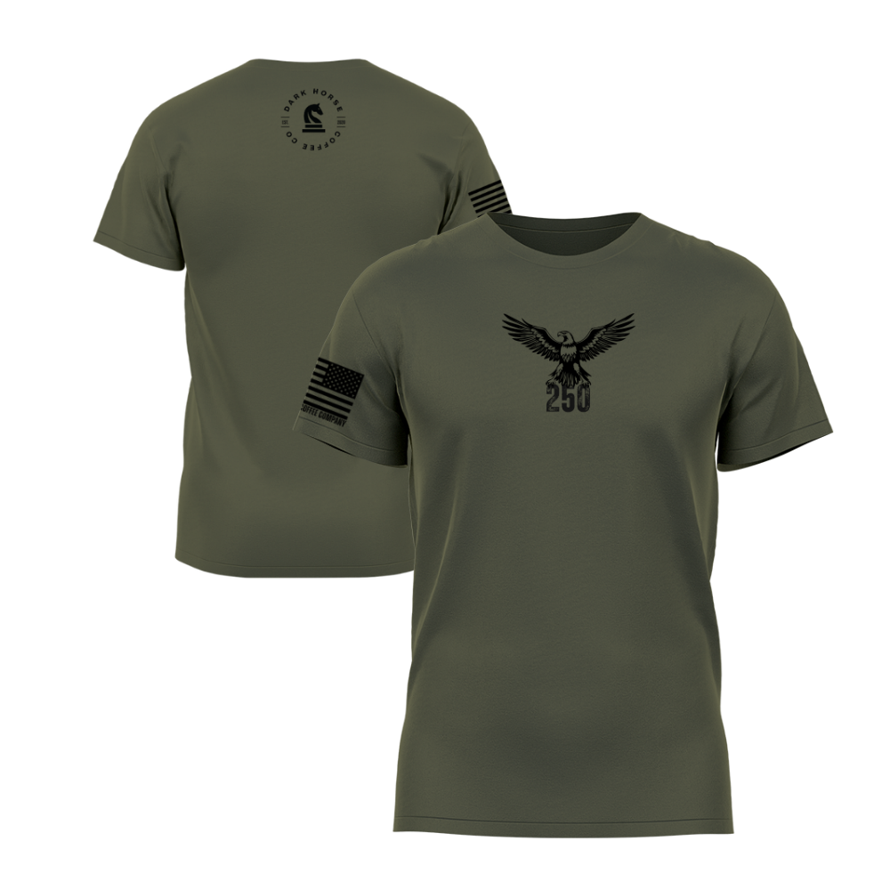 America 250 Military Green short sleeve t-shirt featuring the America 250 design — designed and printed in Florida by an American-owned small business.