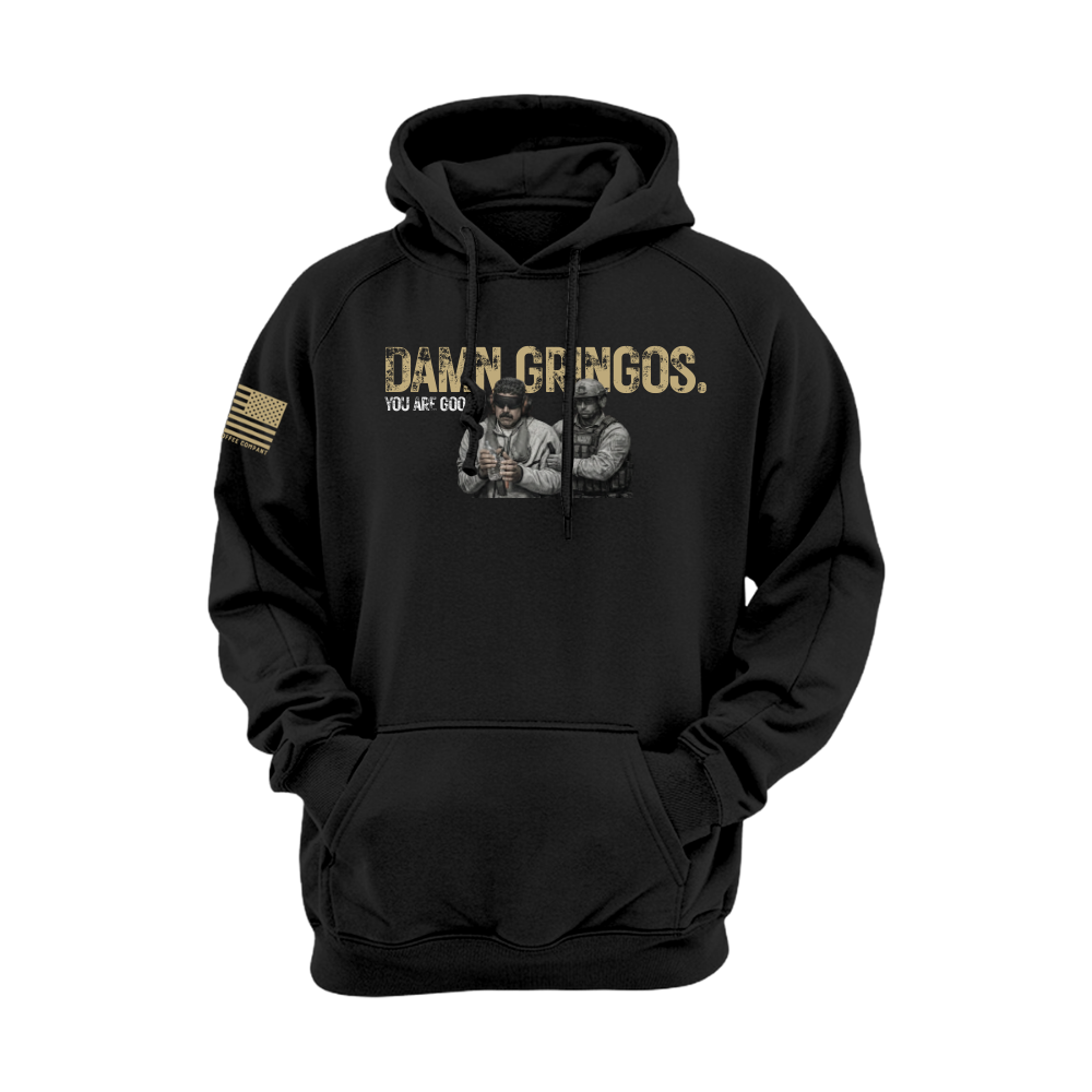 Damn Gringos black hoodie front view with bold graphic